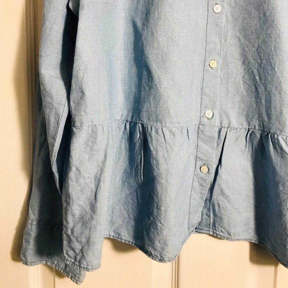 J.crew Linen Blue Button-Front Peplum Shirt - Women 14